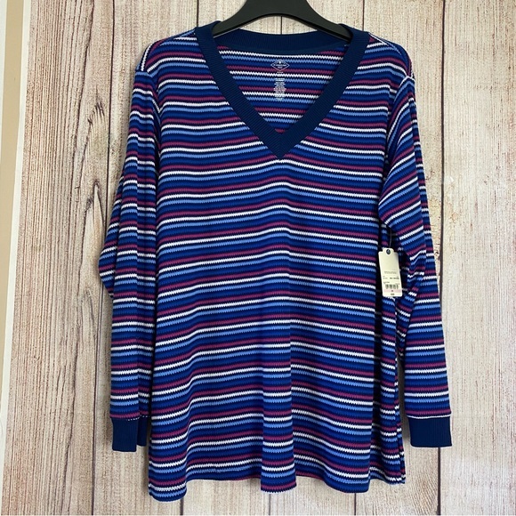 St. Johns Bay Womens Blue Striped Waffle Knit V Neck Blouse Size 2X Casual NWT - Picture 1 of 9